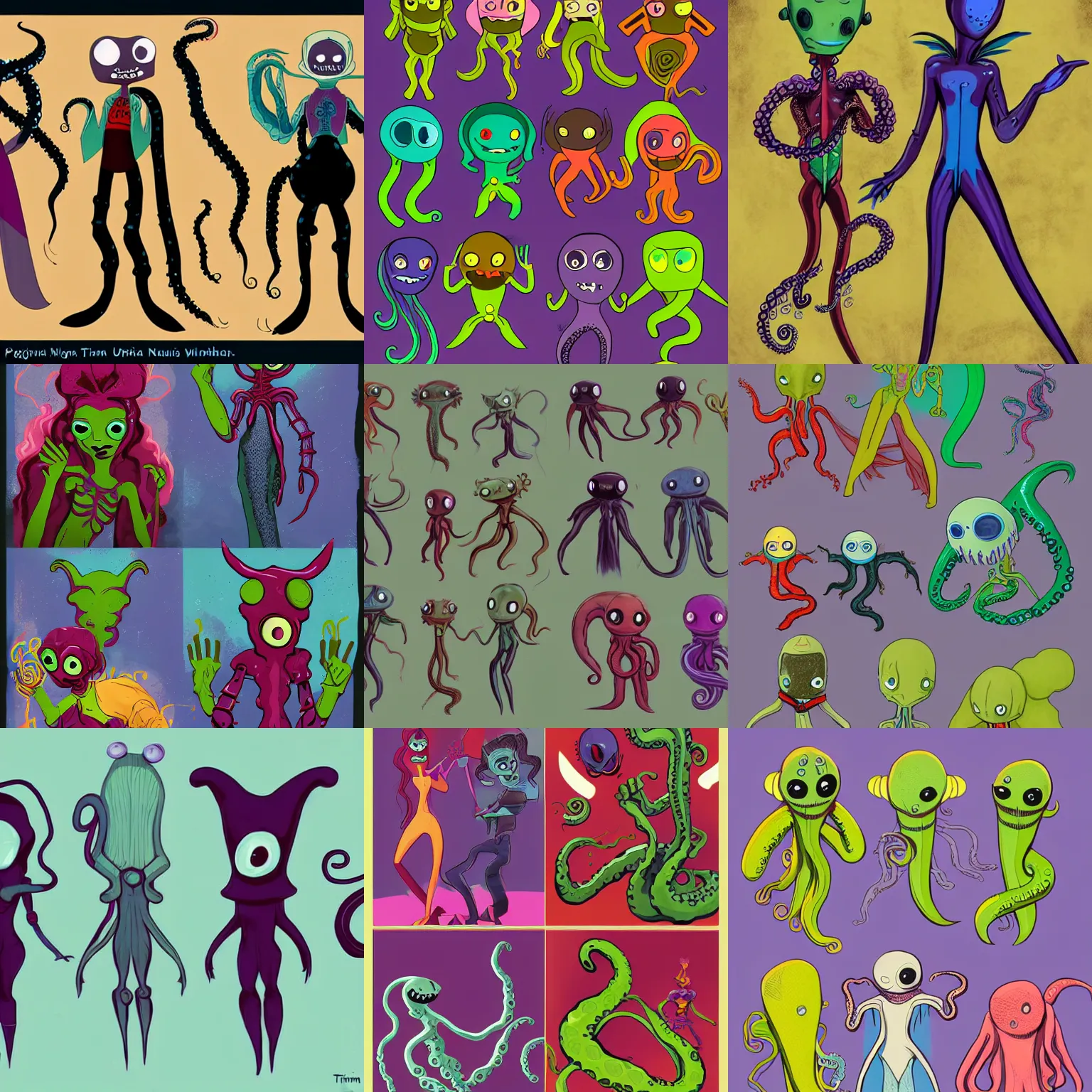 Prompt: vintage colorful friend shaped little vampire ninja aliens with big black alien eyes with three webbed tentacle arms and skinny thin human legs inspired by Ursala from Disneys the little mermaid as playable characters design sheets for the newest psychonauts video game made by double fine done by tim shafer that focuses on an ocean setting with help from the artists of odd world inhabitants inc and Lauren faust from her work on dc superhero girls and lead artist Andy Suriano from rise of the teenage mutant ninja turtles on nickelodeon using artistic cues for the game fret nice and art direction from the Sony 2018 animated film spiderverse