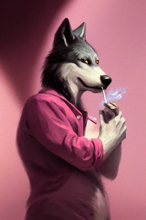 Image similar to realistic antropomorphic sad wolf wearing pink shirt and smoking cigarette, digital painting, artstation, concept art, smooth, sharp focus, illustration, art by kezie demessance, artgerm, james jean, jean giraud, edward hopper, gaston bussiere and greg rutkowski