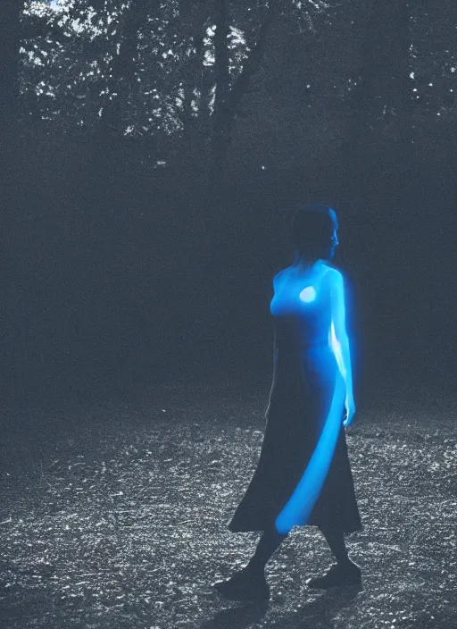 Image similar to a thin female silhouette walking, astral projection, blue glowing aura, out of body, film grain, cinematic lighting