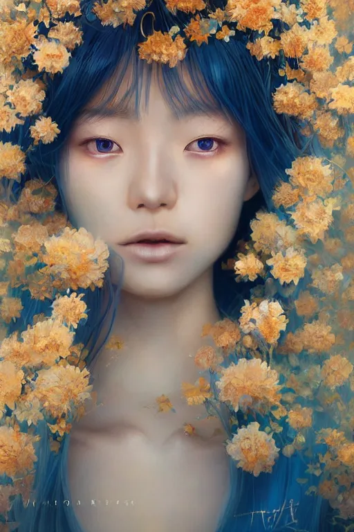 Image similar to a pale Japanese girl with golden hair, floral crown, sad blue eyes, cinematic lighting, ultra detailed, highly detailed, sharp focus, golden background with flowers, golden jewellery with blue sapphires, photographic, art by artgerm and greg rutkowski and zdislav beksinski