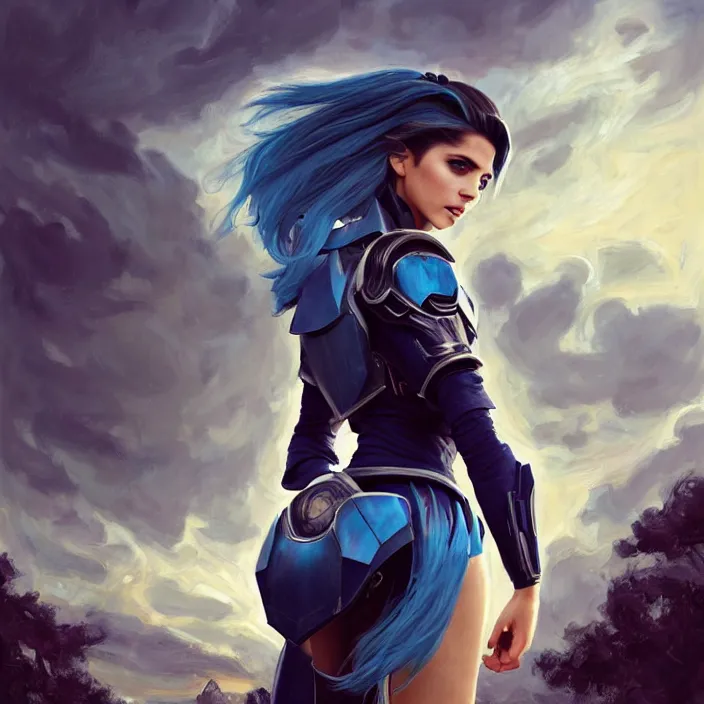 Prompt: portrait of a combination of Ashley Greene, Katheryn Winnick, Victoria Justice, Adriana Dxim, Grace Kelly and Emma Watson with blue hair wearing Interceptor's armor from Anthem, countryside, calm, fantasy character portrait, dynamic pose, above view, sunny day, thunder clouds in the sky, artwork by Jeremy Lipkin and Giuseppe Dangelico Pino and Michael Garmash and Rob Rey and Greg Manchess and Huang Guangjian, very coherent asymmetrical artwork, sharp edges, perfect face, simple form, 100mm