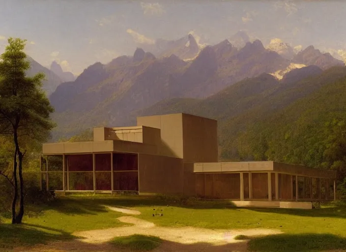 Image similar to painting of a mies van der rohe house in front of beautiful mountains by albert bierstadt