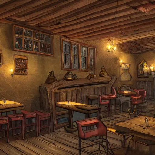 Image similar to Interior design of Medieval Cybepunk Tavern, Many details