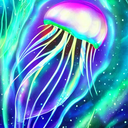 Prompt: beautiful iridescent jellyfish creature in magical realism luminescent airbrush underwater mystical world detailed painting 4 k