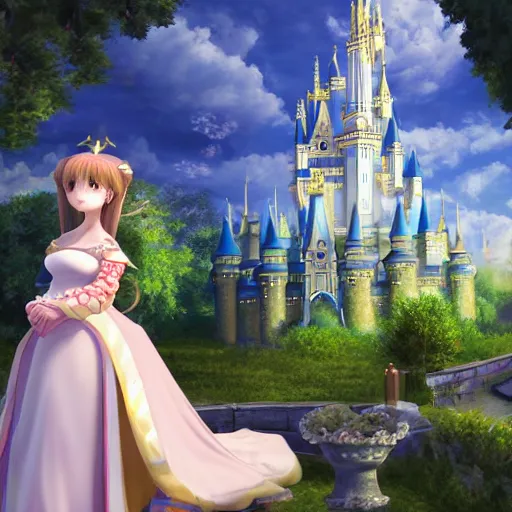 Image similar to a pleasant, beautiful, funny, smooth 3D CG render, semirealistic anime style, a noble priestess magician princess girl wearing dress and jewelry, in a glorious magic kingdom with castle and walls, relaxing calm vibes, fairytale, octane render