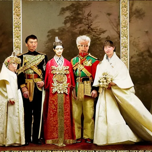 Prompt: a wide full shot, colored russian and japanese mix historical fantasy of a photograph portrait taken of a royal wedding processional ceremony, photographic portrait, warm lighting, 1 9 0 7 photo from the official wedding photographer for the royal wedding.