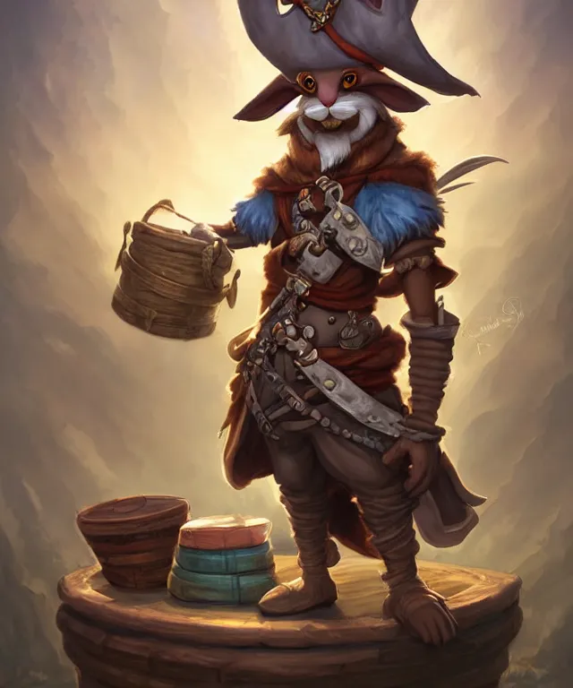 Prompt: anthropomorphic rabbit pirate, pirate outfit, standing on a treasure chest, standing in a beautiful landscape, cute and adorable, dnd character art portrait, matte fantasy painting, deviantart artstation, by jason felix by steve argyle by tyler jacobson by peter mohrbacher, cinematic lighting