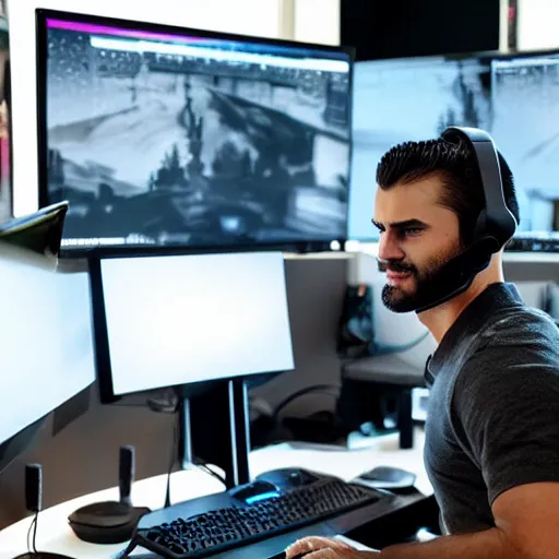 Prompt: gigachad with gaming headset sitting at a desk with gaming gear and an RGB PC