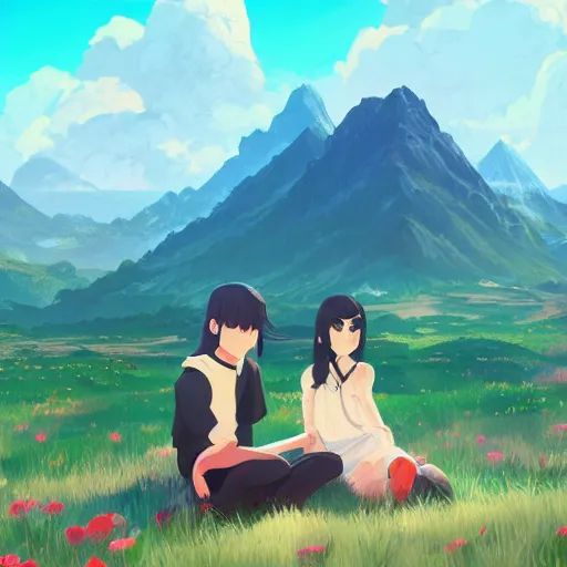 Image similar to one teen girl with long black hair and bangs, one teen boy with black hair, flower fields and mountains in the background, digital painting, artstation, highly detailed, by makoto shinkai and thomas kindle and James gilleard