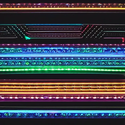 Image similar to a modular synthesier designed by giger with glowing leds and colorful cables, product photo, dark background