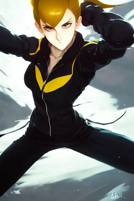 Image similar to black ponytail hair, pale woman in a black zipper jacket, yellow eyes, by artgerm, hair tied in a ponytail, white backdrop, soft lighting, fighting pose, dynamic angle, by greg rutkowski makoto shinkai takashi takeuchi