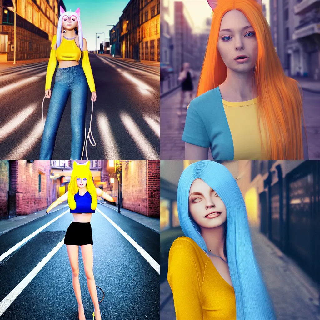 Prompt: woman with cat ears and long yellow hair wearing a blue crop top on a night street, digital art, trending on artstation, photorealism, octane render, nighttime, beautiful face