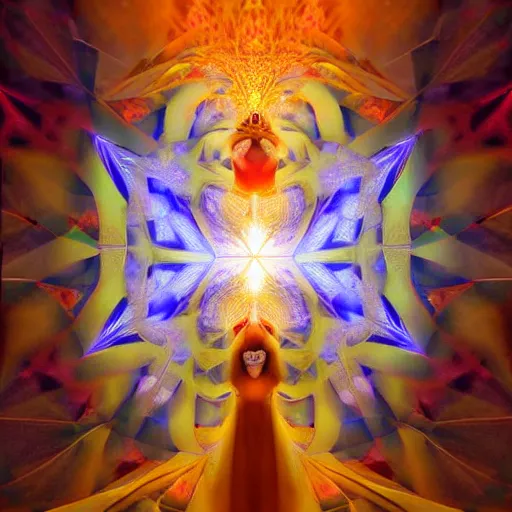 Image similar to divine feminine goddess descending down a hallway of light inside a fractal hypercube