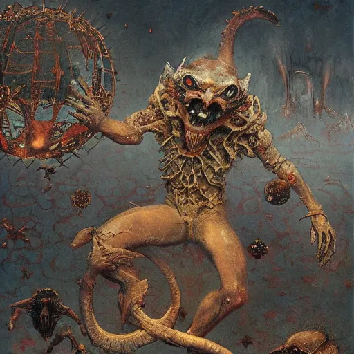 Image similar to two demons dance ballet in hell, surrounded by spheres!!!, beksinski, dariusz zawadzki, very coherent symmetrical artwork. cinematic, hyper realism, high detail, octane render, 8 k