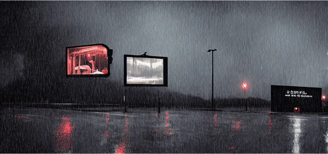 Image similar to Look of small outdoor high profile drive-in cinema, rain, night, noire moody scene, digital art, 8k, moody details