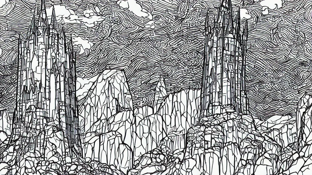 Prompt: wizard tower surrounded by mountains, lineart colored