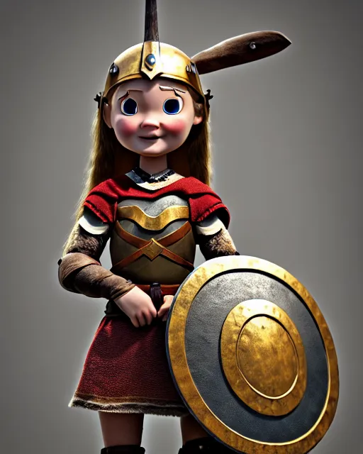 Image similar to an adorable toy of a viking girl with her shield raised to defend, pixar style, authentic viking armor, historically accurate, clean detail, symmetrical, octane render, studio lighting