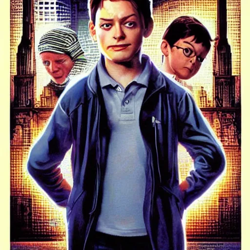 Prompt: peter parker, toby maguire, poster by drew struzan