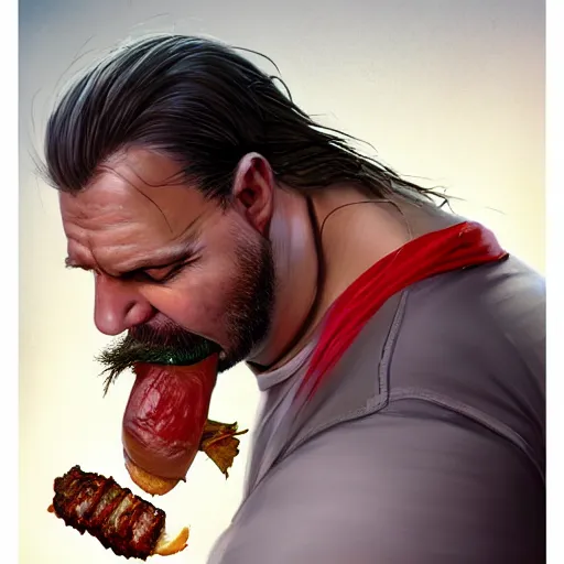 Image similar to portrait of a half fatman half pig eating kebab with long hair tied in a ponytail, light stubble with red shirt ,digital art,photorealistoc,art by greg rutkowski,hyperdetailed,western comic style,comic,comic style,sharp lineart,professional lighting,deviantart,artstation,trevor henderson,rossdtaws,cinematic,dramatic