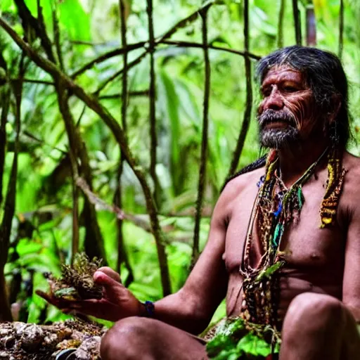 Prompt: a beautiful portrait of an amazonian shaman healer sitting in the jungle, doing a prayer, ayahuasca