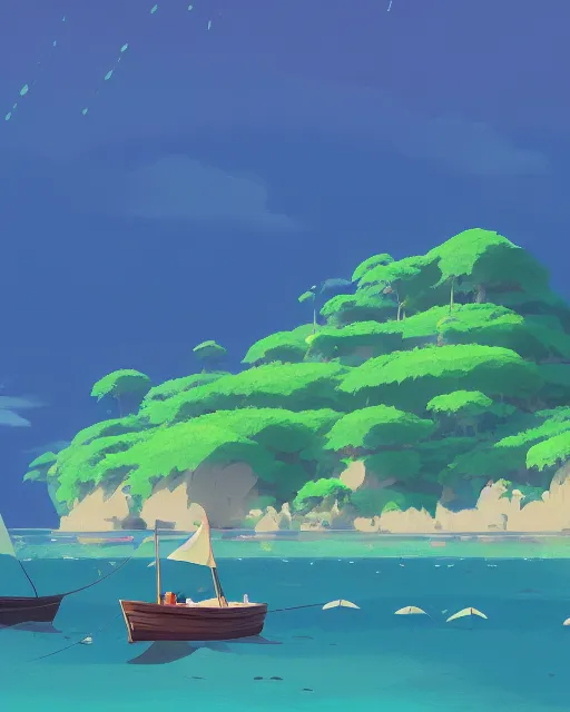 Prompt: small wooden boats around turtle shaped island, lush vegetation, azure water, glowing light, cory loftis, james gilleard, atey ghailan, makoto shinkai, goro fujita, studio ghibli, rim light, exquisite lighting, clear focus, very coherent, plain background, soft painting