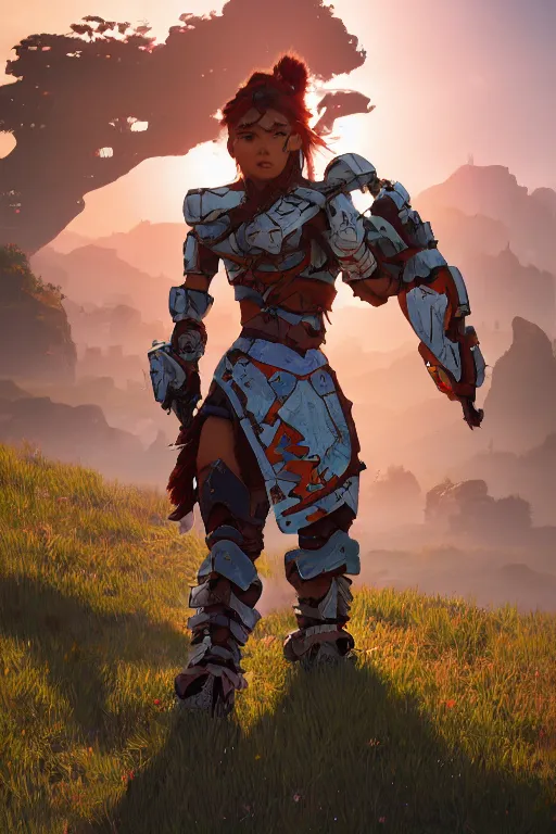 Image similar to combination suit armor aloy horizon forbidden west horizon zero dawn robot ninja mask helmet backpack tribal, aesthetic octane render, 8 k hd resolution, by ilya kuvshinov and cushart krentz and gilleard james radiating a glowing aura cgi rtx 2 0 2 2