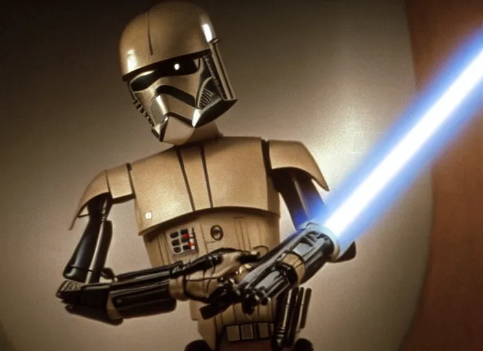 Prompt: screenshot of the jedi sithtrooper droid with lightsaber arms, iconic scene from the lost Star Wars film, Shadows Of the Empire, 1990 directed by Stanely Kubrick, lens flare, moody cinematography, with anamorphic lenses, crisp, detailed, 4k