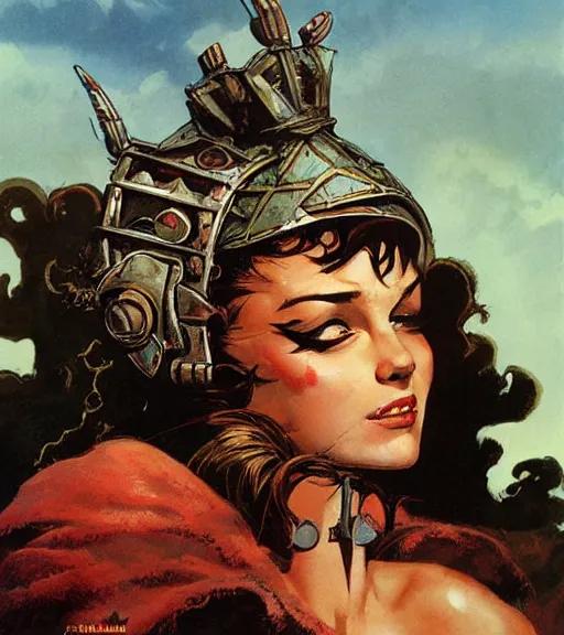 Prompt: mighty princess of the wasteland, scrap metal headdress, strong line, deep color, cloudy sky, beautiful! coherent! by brom, by frank frazetta, low angle