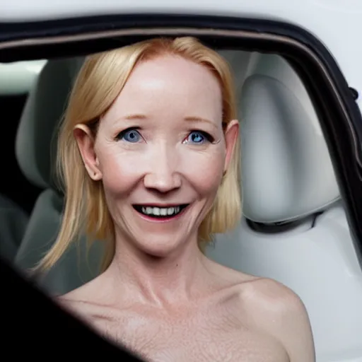 Image similar to uhd candid photo of anne heche wearing white powder all over her nose, with accurate face, in screaming, behind the wheel of a mini cooper, uhd, studio lighting, correct face, photo by annie leibovitz