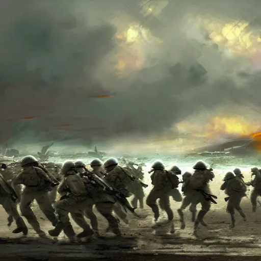 Image similar to soldiers storming the beaches of normandy on d - day, highly detailed, digital painting, concept art, sharp focus, by makoto shinkai