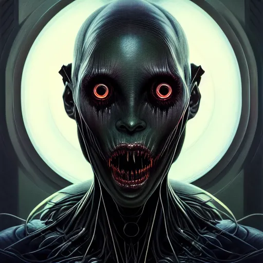 Prompt: symmetry!! portrait of grotesque alien, sci - fi horror, intricate, body horror, dark design, highly detailed, dark dynamic lighting, digital art, digital painting, artstation, smooth, sharp focus, illustration, art by artgerm and h r giger and greg rutkowski and alphonse mucha, 8 k - h 7 0 4