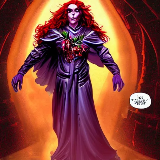 Image similar to The celestial warlock (a beautiful half elf with long red hair) clumsily knocks a single red rose from the top of a funerary urn, releasing an angry wraith from inside. Dramatic digital art illustration in comic book style by Simon Bisley