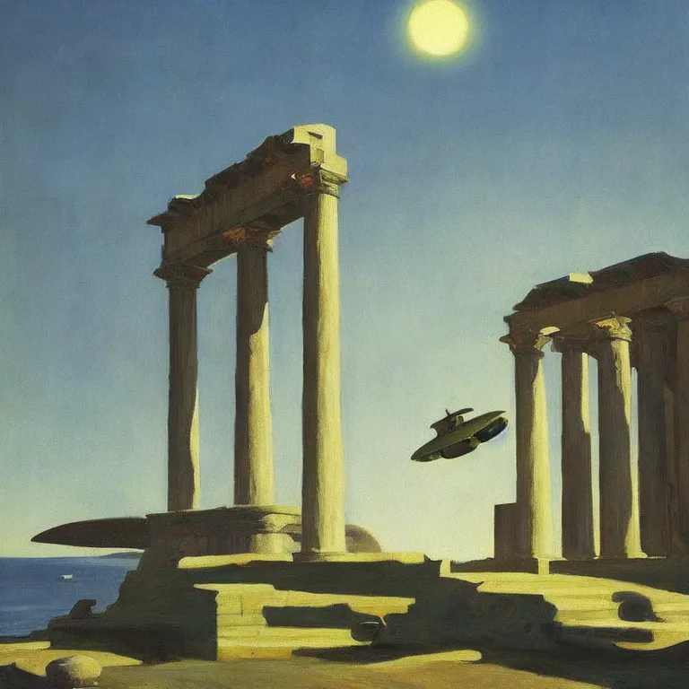 Prompt: Lush Painting of Alien Spacecraft landing in Ancient Greece, oil painting by Edward Hopper Cinematic lighting