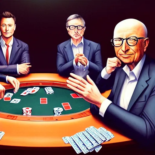 Prompt: UHD photorealistic Elon Musk playing poker with Satoshi Nakamoto, Klaus Schwab, and Bill Gates, hyperrealistic, correct details, cosmic studio lighting, symmetrical faces, accurate faces, by Greg Rutkowski