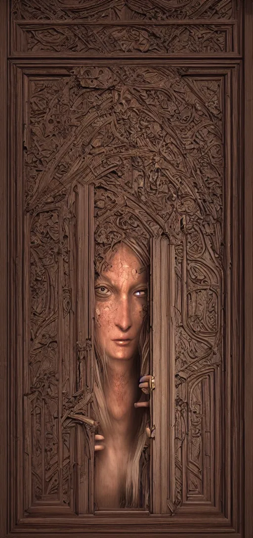 Prompt: a womans faced carved into a wooden door, intricate Details, raphael lacoste, eddie mendoza, alex ross, john howe, concept art, matte painting, highly detailed, rule of thirds, dynamic lighting, cinematic, detailed, denoised, centerd, clean render