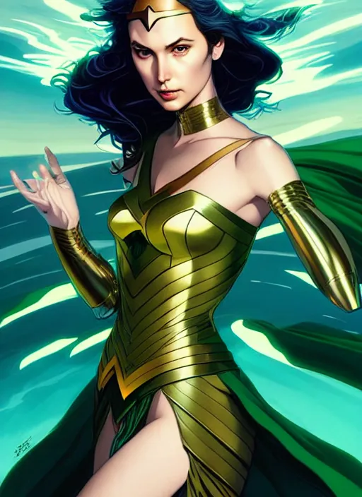 Image similar to style artgerm, joshua middleton, illustration, gal gadot as a high priestess wearing green pelt light armor, anime eyes, blue hair, swirling water cosmos, fantasy, dnd, cinematic lighting