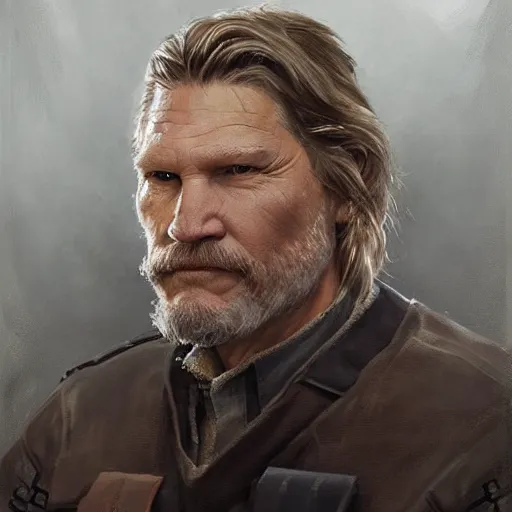 Image similar to portrait of a man by greg rutkowski, he looks like jeff bridges, wearing the military uniform of the corellian confederation, star wars expanded universe, he is about 5 0 years old, highly detailed portrait, digital painting, artstation, concept art, smooth, sharp foccus ilustration, artstation hq