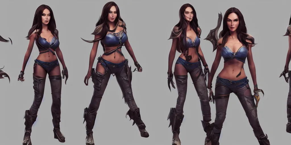 Image similar to character sheet of Megan Fox as a character in the game League of Legends, with a background based on the game League of Legends, 3d render, octane render, iRay, ray tracing, realistic, highly detailed, trending on artstation, 4k, cgsociety, unreal engine 5, redshift render, blender cycles, behance, cg