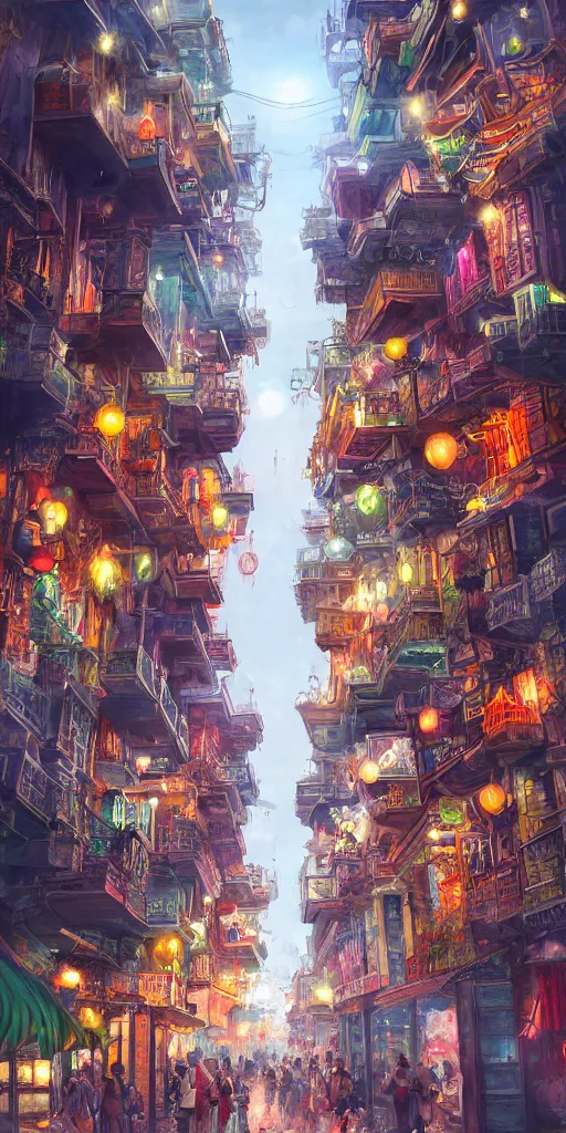 Image similar to Street view of a magical eastern civilization at day, built around ocean, full with people, a lot of lights, huge architectures. Trending on artstation