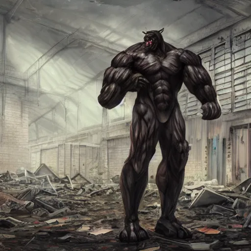 Prompt: a monstrously muscular anthropomorphized male horse wearing tight kevlar standing in the ruins of a facility, furry art, furaffinity, highly detailed, digital painting, artstation, concept art, magic the gathering, illustration by artgerm, greg rutkowski, wlop