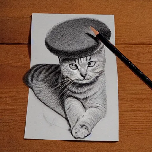 Image similar to cat sat on a mat wearing a hat and holding a bat pencil sketch, smooth, sharp focus