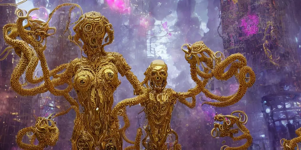 Image similar to a photo of 8 k ultra realistic corrupted lovecraftian golden humanoid queen standing next to a pink and blue solarpunk city, 8 intricate white and gold tentacles, ornate white and gold armour, cinematic lighting, trending on artstation, 4 k, hyperrealistic, focused, extreme details, unreal engine 5, cinematic, masterpiece