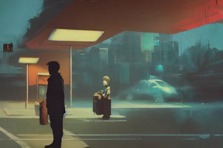 Image similar to A mixed media painting of man waiting at bus stop by Frank Frazetta, Greg Rutkowski, Beeple, kawaii, post-processing, low angle, masterpiece, cinematic, isometric, volumetric lighting