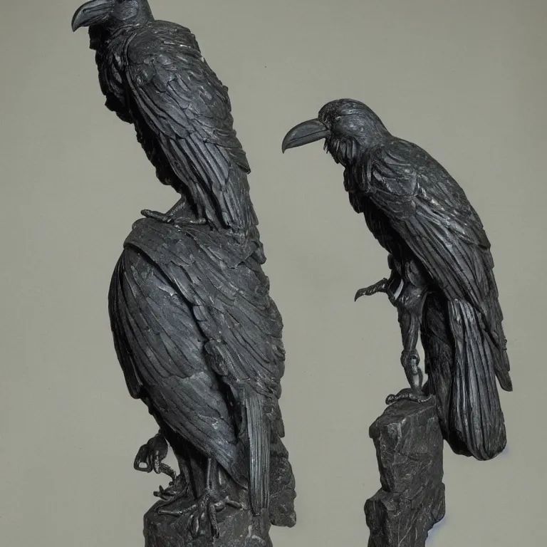 Image similar to photo of a intricately detailed marble statue of raven bird by leonardo davinci