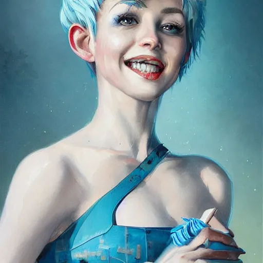 Image similar to a beautiful painting of a smiling woman with stylish short blue hair and sparkling blue eyes in a rustic saloon representative of the art style of artgerm and wlop and peter mohrbacher