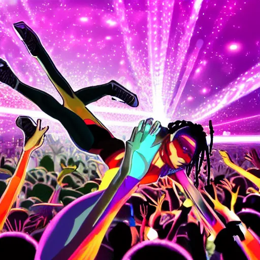 Prompt: 2 performers, one with short dreads hair cut, crowd surfing, bodies being stretched out by crowd, concert stage in background with lasers, style of anime art, image from perspective of drone