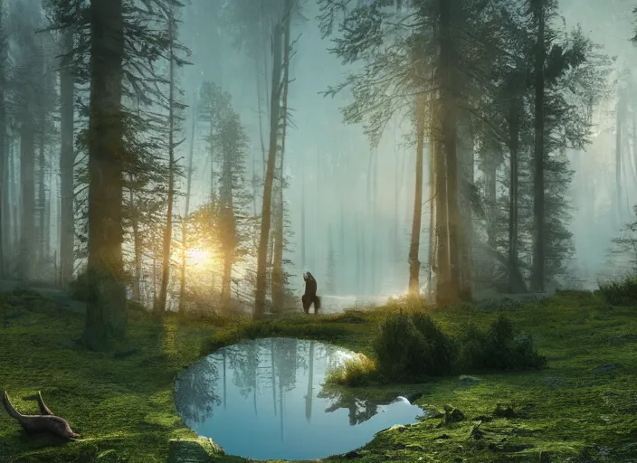 Prompt: epic crystalline forest with a lake, deer, golden hour, misty ground, rocky ground, distant mountains, atmospheric perspective, altostratus clouds, planets, cinematic, 3 5 mm lens, anamorphic lens flare, photographic, octane render, cinematography by roger deakins, in the style of ansel adams