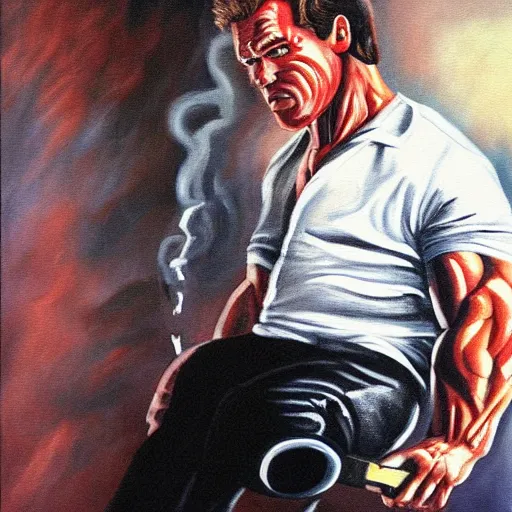 Image similar to A painting Arnold Schwarzenegger from terminator 1984 riding a skateboard smoking cigar, gloomy, portrait, ambient lighting,