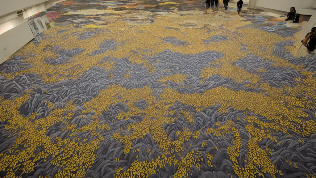 Prompt: a large artwork on the floor of my university, it\'s a kind of mural with gold objects and paint, very high detailed screen print by Kawase Hasui and dan hillier, 8k unreal engine