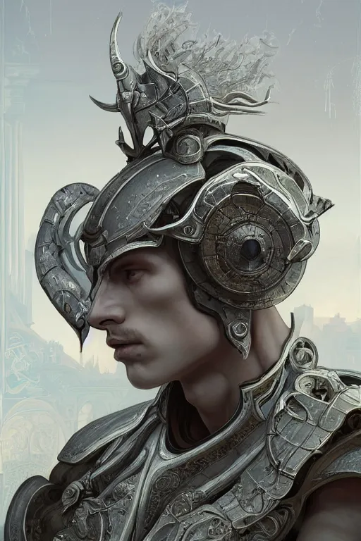 Image similar to portrait knights of Zodiac boy, matt white color mirror armor, in ruined Agora of Athens Sunrise, ssci-fi and fantasy, intricate and very very beautiful and elegant, highly detailed, Frostbite Engine, digital painting, artstation, concept art, smooth and sharp focus, illustration, art by tian zi and WLOP and alphonse mucha